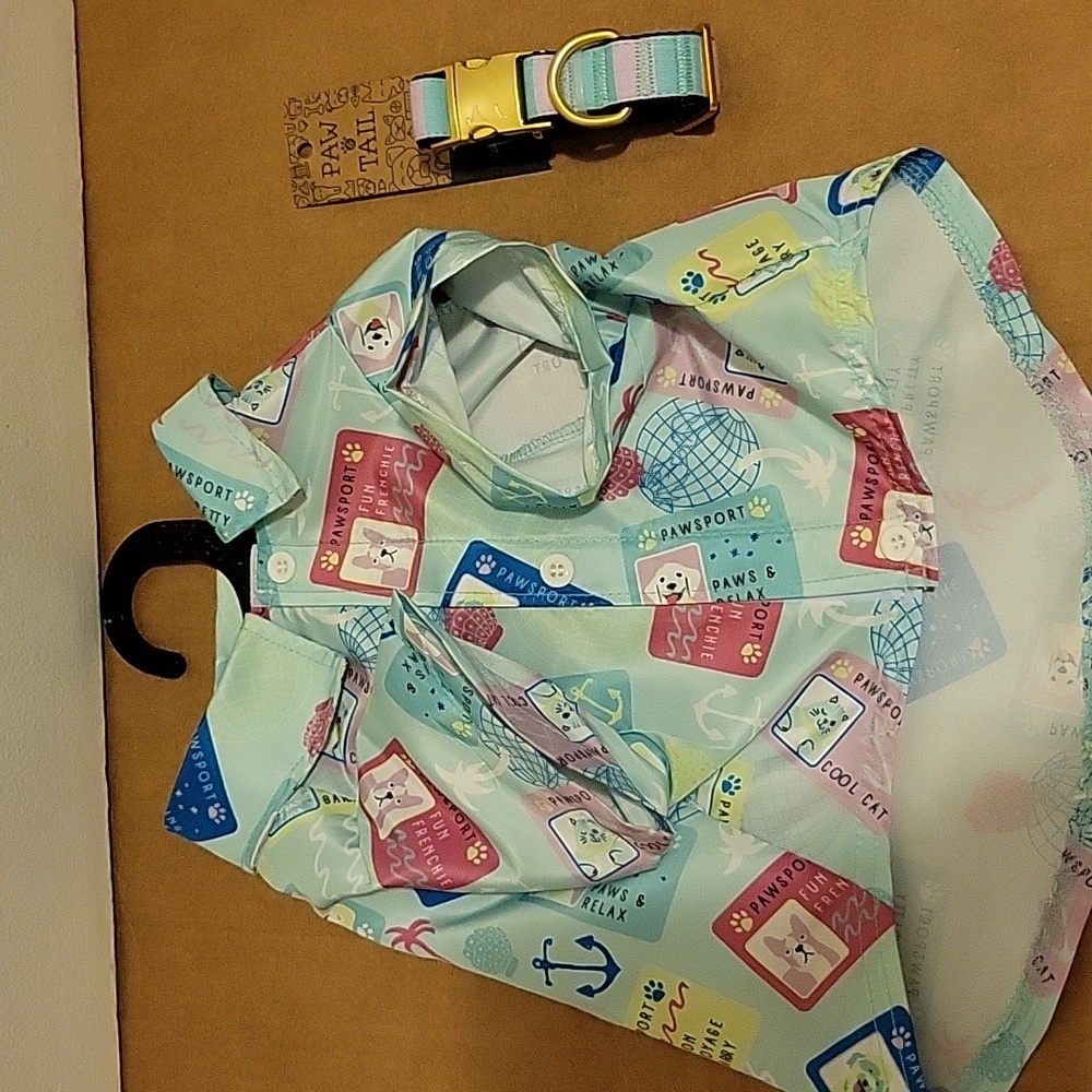 NWT:Paw & Tail Passport Print Pet Shirt and Large Pet Collar